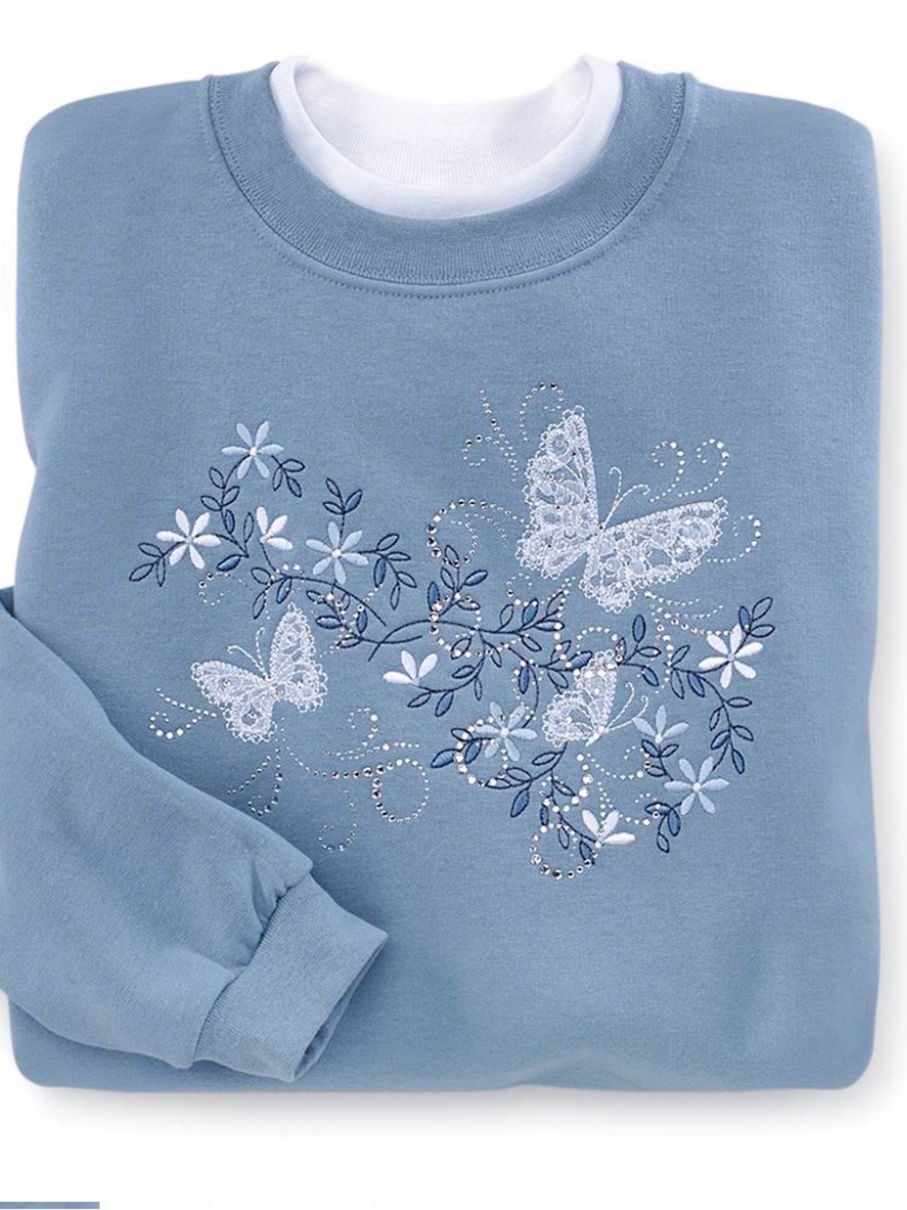 NWT Country Store Embellished Lace Blue Butterflies Crewneck Sweater, Medium